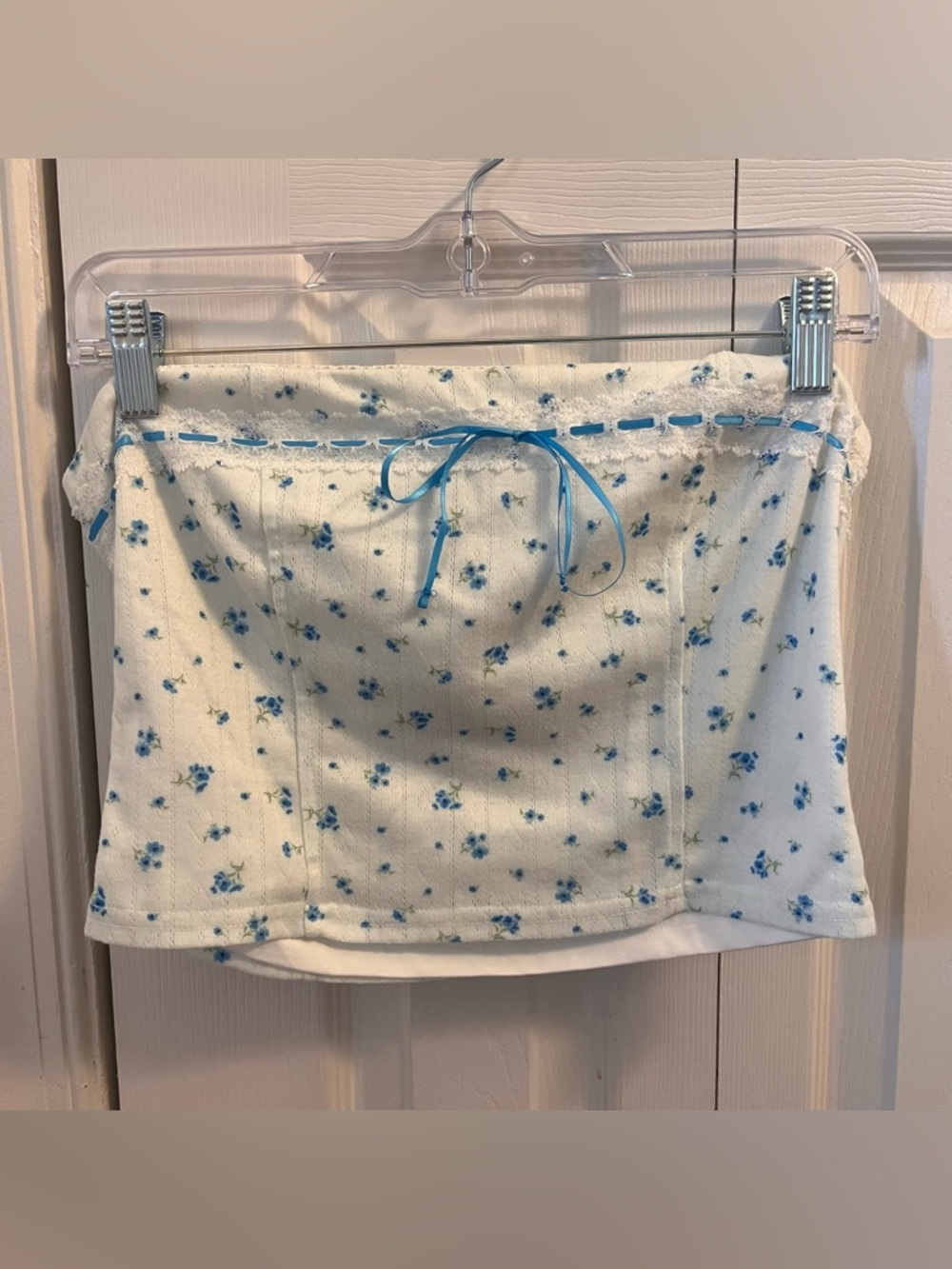 White Tube Top with Blue Floral Print and Lace